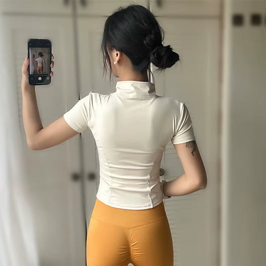 Summer High Quality Waist Slimming Training Tops Women'S Quick-Drying Tight Stand Collar Full Zipper Short Sleeves Yoga Shirts